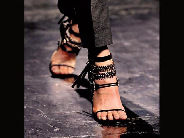 These sandals with crystal embellishments made their way on the runway at Prabal Gurung’s New York Fashion Week Fall 2014 show. The embellishments impart a double payal-like look.