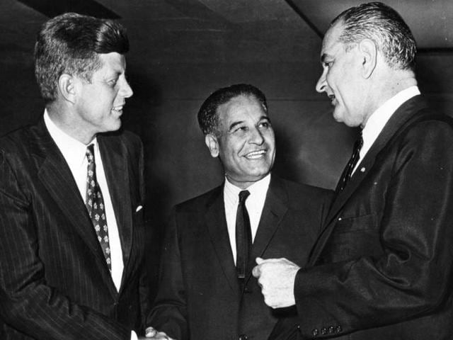 Congressman Dalip Singh Saund, with senators John F Kennedy and Lyndon B Johnson, 1958. (Photo courtesy: Eric Saund)