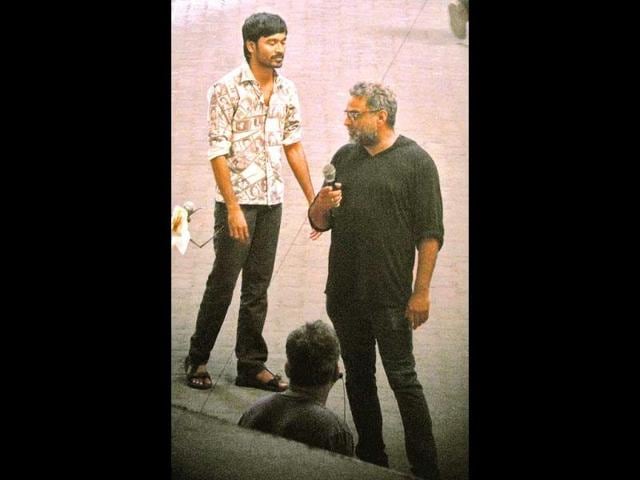 Dhanush and R Balki on the sets of a movie in the city
