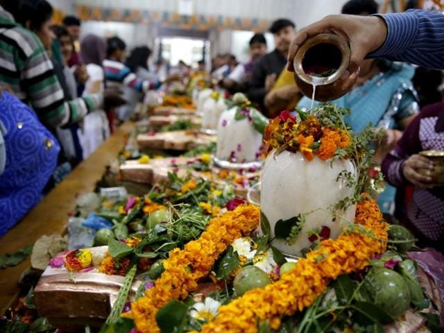 A Hindu devotee pours milk as devotees offer prayers before a row of Shivlings, idols symbolic of Hindu god Shiva, at a temple in Allahabad, India. (AP Photo)