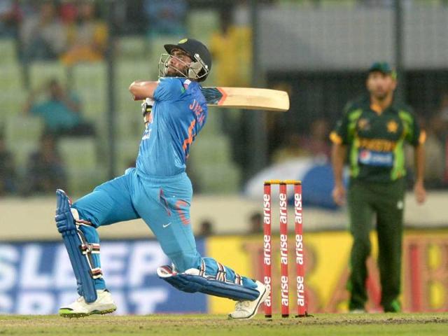 Ravindra Jadeja plays a shot during the sixth match of the Asia Cup agaist Pakistan at the Sher-e-Bangla National Cricket Stadium in Mirpur. (AFP Photo) 