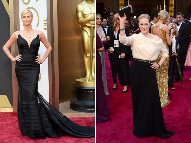 Charlize Theron was her usual stunning self on the red carpet at the 2014 Academy Awards, where she rocked a Christian Dior haute couture dress (left). While Meryl Streep stepped onto the red carpet in a two-toned cream and black Lanvin gown. (AFP) Charlize Theron was her usual stunning self on the red carpet at the 2014 Academy Awards, where she rocked a Christian Dior haute couture dress (left). While Meryl Streep stepped onto the red carpet in a two-toned cream and black Lanvin gown. (AFP)
