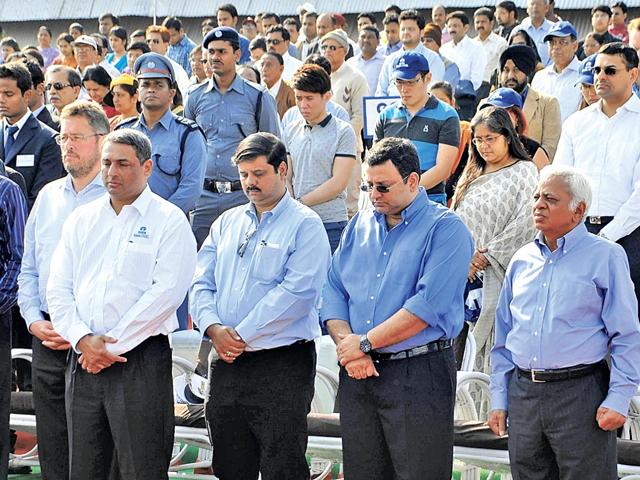 Board members of Tata Steel observe a moment of silence to pay homage to those who passed away in a fire incident during the Founder's Day celebration at Tata Steel in Jamhsedpur on Monday. (Arvind Sharma/ HT Photo)