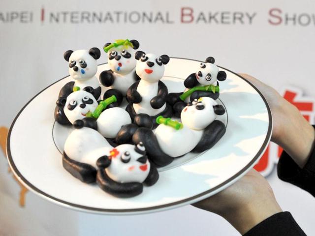 Panda-shaped desserts on display during the four-day Taipei International Bakery Show, where thousands of bakery booths from many countries will be displayed. (AFP)