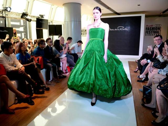 A model presents creation by designer Oscar de la Renta during a media preview for Audi Fashion Festival, which will showcase of homegrown and Asian talents. (AFP) A model presents creation by designer Oscar de la Renta during a media preview for Audi Fashion Festival, which will showcase of homegrown and Asian talents. (AFP)