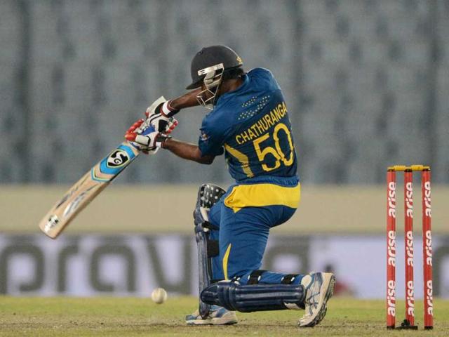 Sri Lankan cricketer Chaturanga de Silva plays a shot during the tenth match of the Asia Cup against Bangladesh at the Sher-e-Bangla National Cricket Stadium in Mirpur. (AFP Photo)
