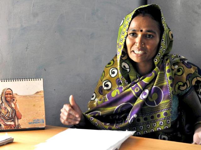 Vandana-Bahadur-Maida-sarpanch-of-Khalkhandvi-Gram-Panchayat-in-Jhabua-district-of-western-Madhya-Pradesh-in-her-office-with-the-UN-calendar-in-which-she-featured-on-the-table-Amit-K-Jaiswal-HT-Photo Vandana-Bahadur-Maida-sarpanch-of-Khalkhandvi-Gram-Panchayat-in-Jhabua-district-of-western-Madhya-Pradesh-in-her-office-with-the-UN-calendar-in-which-she-featured-on-the-table-Amit-K-Jaiswal-HT-Photo