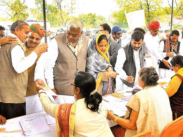 BJP-members-arrive-at-a-feedback-meeting-to-select-Lok-Sabha-candidates-at-the-party-office-in-Jaipur-HT-file-photo BJP-members-arrive-at-a-feedback-meeting-to-select-Lok-Sabha-candidates-at-the-party-office-in-Jaipur-HT-file-photo