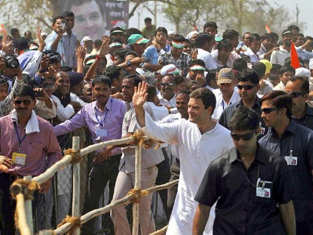 Congress party vice-president Rahul Gandhi greets supporters during an election rally at Balasinor, Gujarat. (AP Photo)
