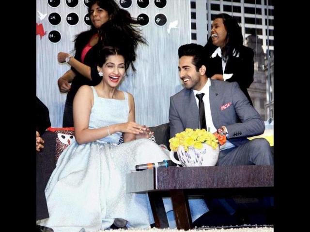 Sonam Kapoor and Ayushmann Khurrana during the promotion of their upcoming film Bewakoofiyaan, in Mumbai on Wednesday evening. (PTI Photo) Sonam Kapoor and Ayushmann Khurrana during the promotion of their upcoming film Bewakoofiyaan, in Mumbai on Wednesday evening. (PTI Photo)
