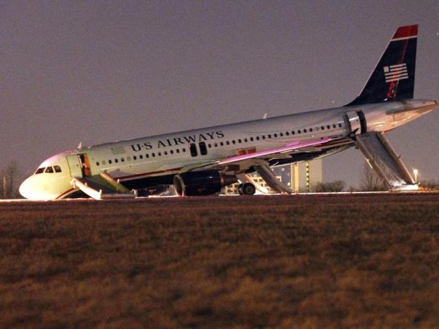 A US Airways plane with a collapsed nose is seen at Philadelphia International Airport. (Reuters Photo)