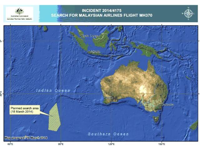 This graphic released by the Australian Maritime Safety Authority (AMSA), shows an area, left bottom, in the southern Indian Ocean that the AMSA is concentrating its search for the missing Malaysia Airlines Flight MH370 on. (AP Photo)