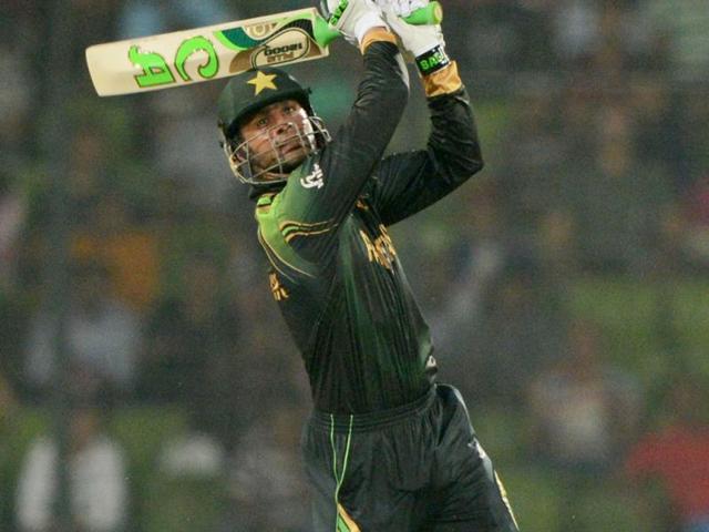 Pakistan's Shoaib Malik plays a shot during their ICC World Twenty20 match against India at the Sher-e-Bangla National Cricket Stadium in Dhaka. (AFP Photo)