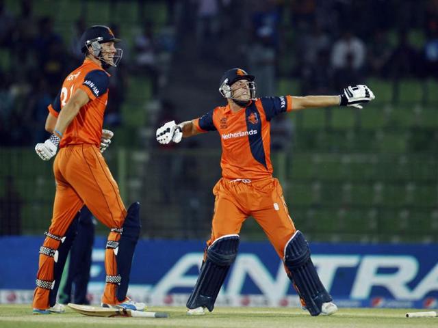 Netherlands' Wesley Barresi (R) and Ben Cooper celebrate after winning their ICC World Twenty20 match against Ireland in Sylhet. (AP Photo)