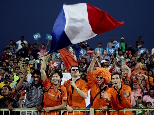 Netherlands supporters cheer as their team won against Ireland during the ICC World Twenty20 match in Sylhet. (AP Photo)