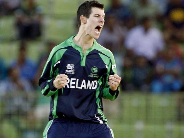 Ireland's George Dockrell celebrates the wicket of Netherlands' Stephan Myburgh during their ICC World Twenty20 match in Sylhet. (AP Photo)