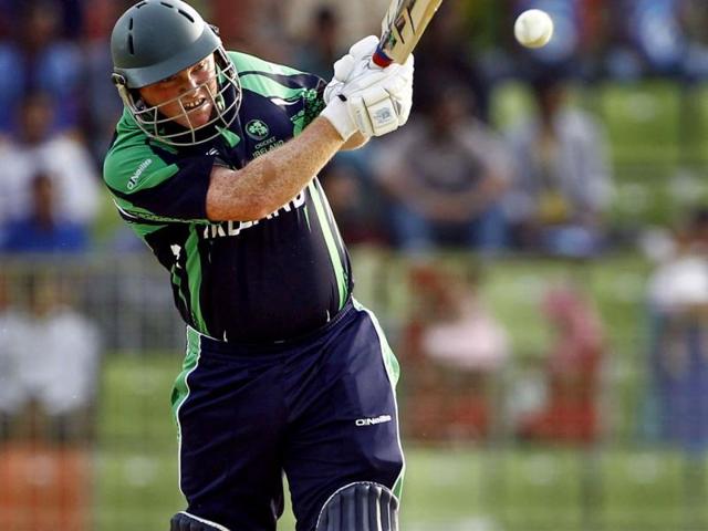 Ireland's Andrew Poynter plays a shot during their ICC World Twenty20 match against Netherlands in Sylhet. (AP Photo)