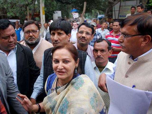 RLD candidate Jaya Prada during her filing of nomination papers. (HT photo)