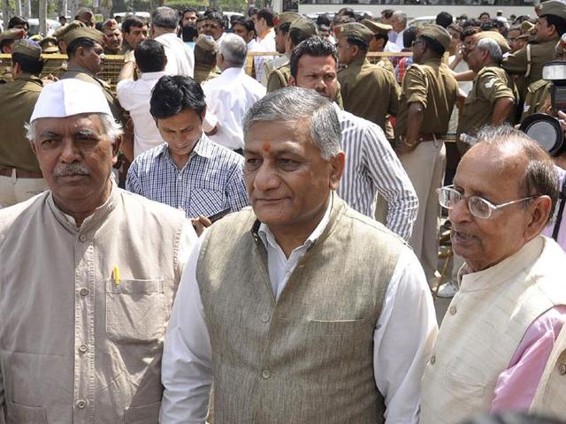 BJP's VK Singh files nomination paper at the collectorate office in Ghaziabad. (Photo by Sakib Ali/Hindustan Times)