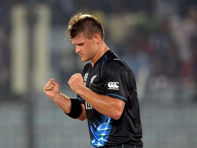 New Zealand's Corey Anderson celebrates the wicket of England's Moeen Ali during their ICC World Twenty20 match at the Zahur Ahmed Chowdhury Stadium in Chittagong. (AFP Photo)