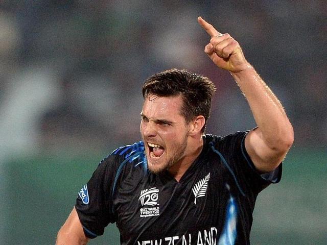 New Zealand's Mitchell McClenaghan celebrates the wicket of England's Michael Lumb during the ICC World Twenty20 match at the Zahur Ahmed Chowdhury Stadium in Chittagong. (AFP Photo)