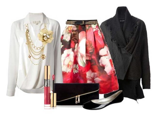 Floral focus: Marc by Marc Jacobs long necklace, Jessica Simpson necklace, Michael Kors top, Pas du Tout jacket, Chanel belt, shoes via target.com, clutch via debenhams.com, Ted Baker skirt. (AFP PHOTO)