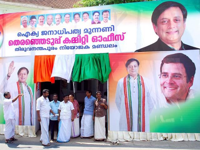 UDF election committee office in Thiruvananthpuram covered with Congress posters. (Vivek R Nair/HT photo)