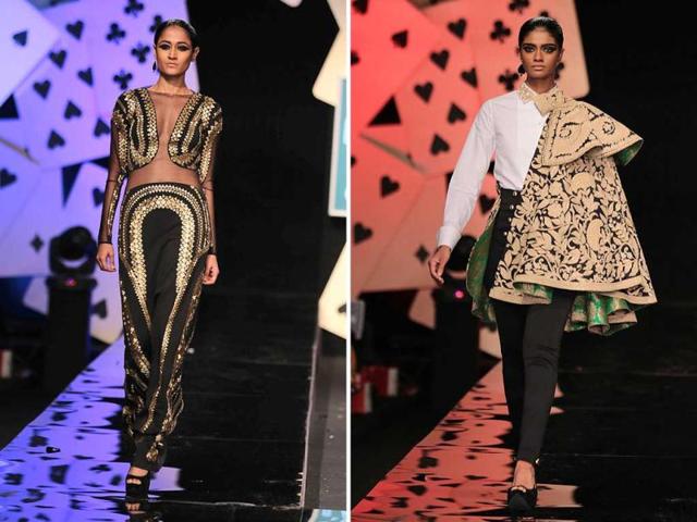 Models walk down the runway for designers Pankaj and Nidhi on Day four of Wills Lifestyle India Fashion Week 2014 in New Delhi. (HT Photo/ Rajesh Kashyap)