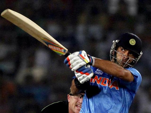 Yuvraj Singh plays a shot during their ICC World Twenty20 match against Australia at the Sher-e-Bangla National Cricket Stadium in Dhaka. (AFP Photo)