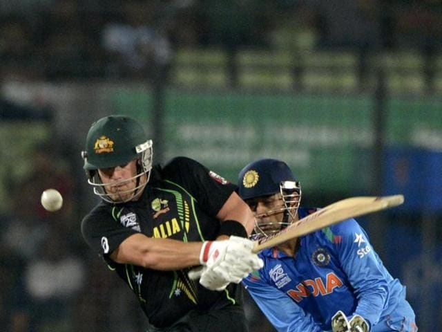 Australia's Aaron Finch plays a ball against India during their ICC World Twenty20 match at the Sher-E-Bangla National Cricket Stadium in Dhaka. (Reuters Photo)