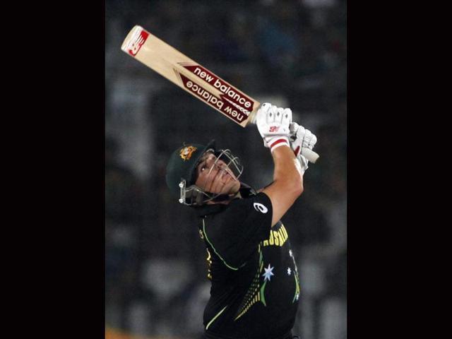 Australia's Aaron Finch (L) plays a shot during their ICC World Twenty20 match at the Sher-e-Bangla National Cricket Stadium in Dhaka. (AFP Photo)