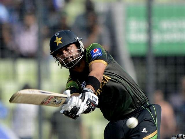 Pakistan's Ahmed Shehzad plays a shot during the ICC World Twenty20 match against Bangladesh at the Sher-e-Bangla National Cricket Stadium in Dhaka. (AFP Photo)