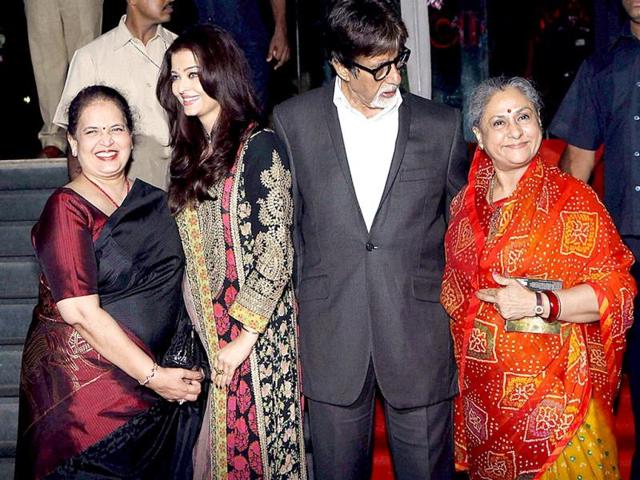 Bollywood actor Amitabh Bachchan, Jaya Bachchan and Aishwarya Rai Bachchan along with her mother, Brindya Rai during the curtain raiser of film Kochadaiiyaan in Mumbai. (PTI Photo)