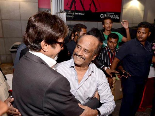 Amitabh Bachchan and Rajinikanth interact at the curtain raiser of Kochadaiiyaan. (Photo: Facebook/AmitabhBachchan)
