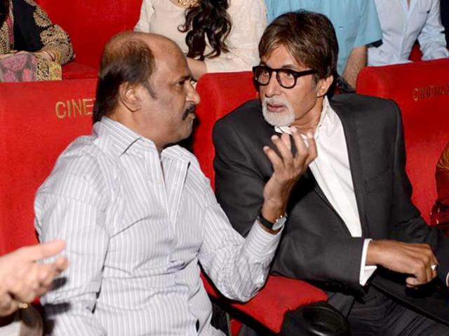 Amitabh Bachchan and Rajinikanth at the curtain raiser event of Kochadaiiyaan, Aishwarya Rai, Anupam Kher and Kajol are also seen in the seats behind the superstar duo.