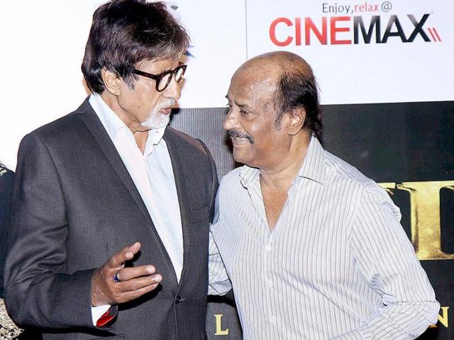 Rajijnikanth and Amitabh Bachchan during the curtain raiser of film Kochadaiiyaan in Mumbai on Sunday. (PTI Photo)
