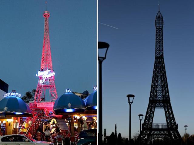 Australia: A tower resembling Paris's Eiffel Tower in Brisbane (left). Spain: Europe Park in Torrejon de Ardoz near Madrid. (AFP)