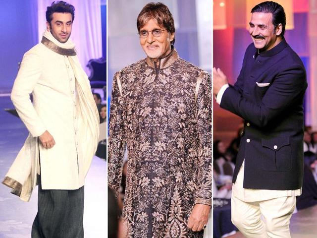 Bollywood came out in full strength in support of a fashion fund raiser called Men for Mijwan for Shabana Azmi's NGO Mijwan Welfare Society. Biggies walked the ramp for Manish Malhotra in support of women's empowerment.Amitabh Bachchan took centrestage sporting a golden embroidered sherwani, while heartthrob Ranbir Kapoor (left) sported a smart cream one. Action man Akshay Kumar was seen in a desi gentleman look. (HT Photo)