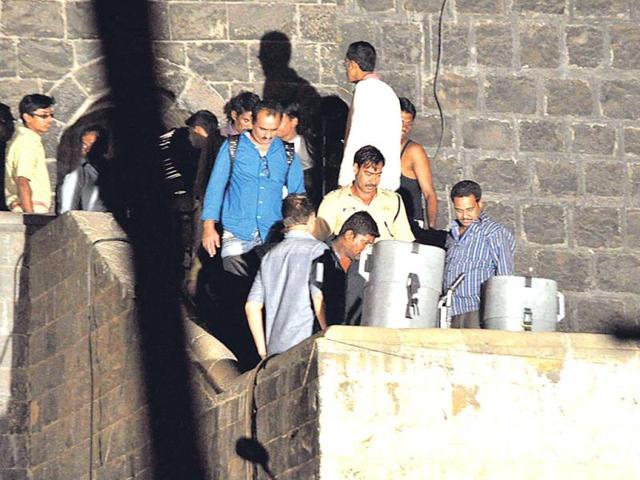 Ajay Devgn on the sets of his next movie Singham 2 with Rohit Shetty.