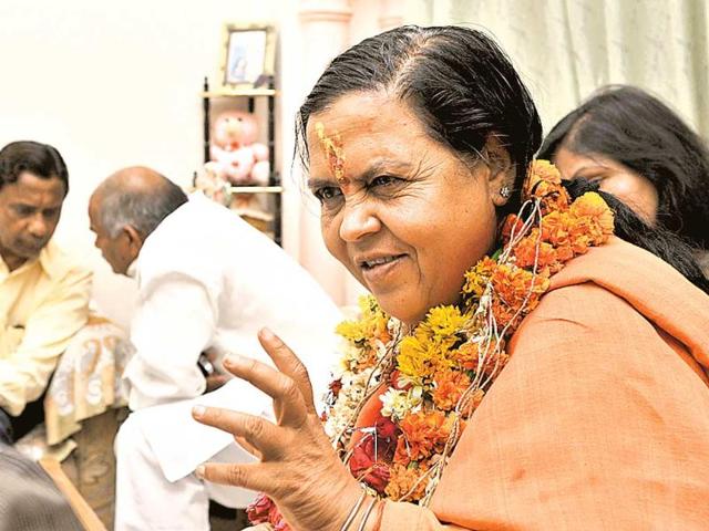 BJP candidate from Jhansi Lok Sabha constituency, Uma Bharti, before file her nomination paper in Jhansi. (Mohd Zakir/HT photo)