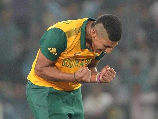 South Africa's Beuran Hendricks celebrates the wicket of India's Rohit Sharma during their ICC World Twenty20 match at the Sher-e-Bangla National Cricket Stadium in Dhaka. (AFP Photo)