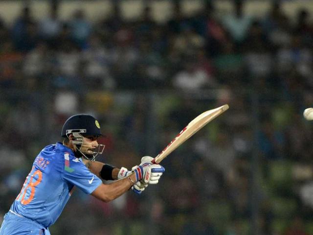Virat Kohli plays a shot during the ICC World Twenty20 match against South Africa at the Sher-e-Bangla National Cricket Stadium in Dhaka. (AFP Photo)
