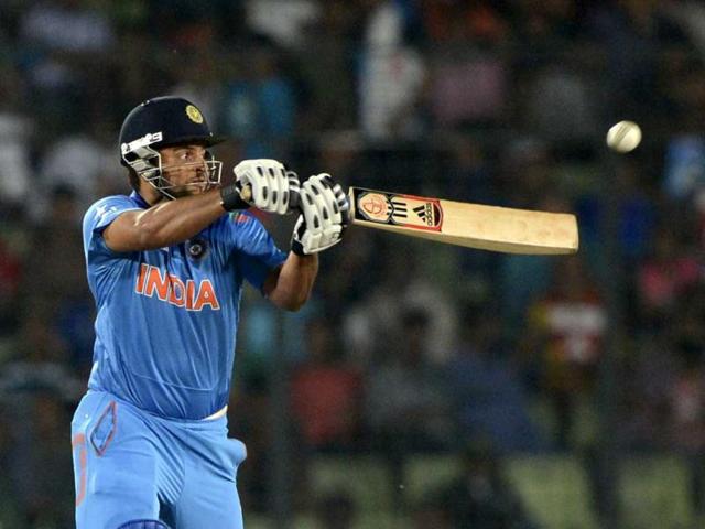Suresh Raina plays a shot during their ICC World Twenty20 match against South Africa at the Sher-e-Bangla National Cricket Stadium in Dhaka. (AFP Photo)