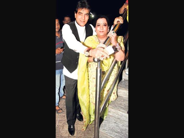 Jeetendra with wife Shobha Kapoor at a movie show in Juhu