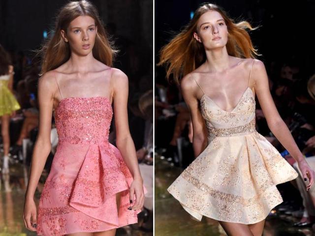 Models parade outfits by Australian designer Alex Perry during the showing of his collection at Fashion Week Australia, in Sydney (left and right). (AFP)