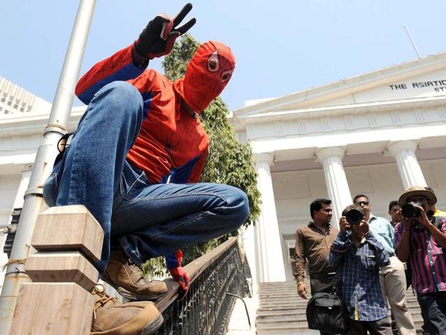 Indian climber and independent political candidate, Gaurav Sharma poses for a photograph on his way to filing his nomination papers for the Lok Sabha elections in Mumbai. (AFP Photo)