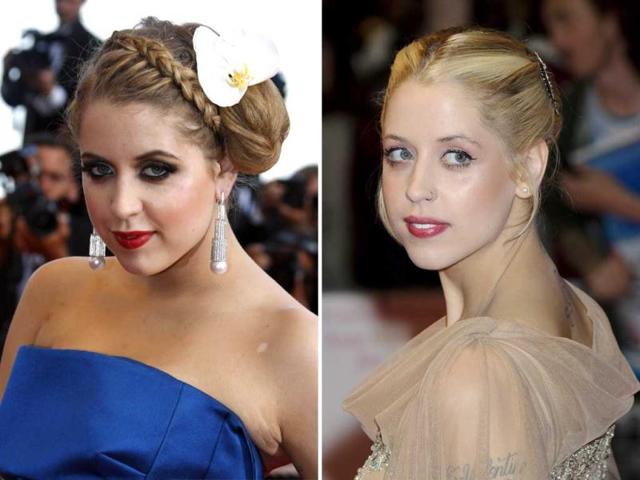 British socialite Peaches Geldof arrives at the 62nd Cannes Film Festival in this 2009 file photo (left) and she arrives for the European premiere of One Day at a central London venue in this 2011 file photo. (Reuters and AP)