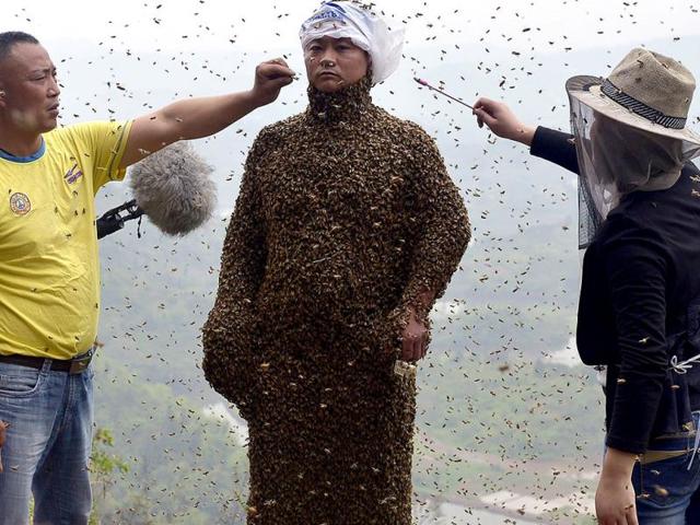 Assistants use burning incense and cigarettes to drive bees away from the face of She Ping, during an attempt to cover She's body with bees, in Chongqing municipality (Reuters Photo)