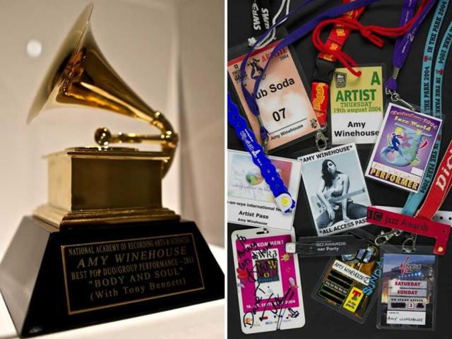 Amy Winehouse won this Grammy Award in 2011 for Best Pop Duo/Group Performance for Body and Soul with Tony Bennett; Festival passes, various dates, on display at the Amy Winehouse: A Family Portrait exhibition. (AFP)