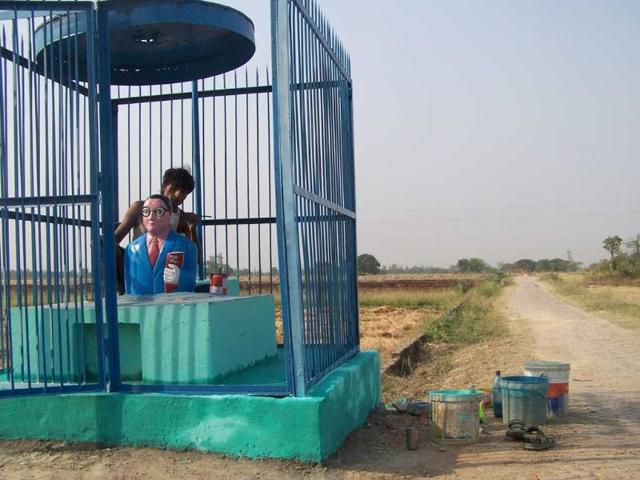 In-1990-a-life-size-statue-of-BR-Ambedkar-was-installed-in-Fariha-village-of-eastern-UP-It-was-desecrated-soon-Now-there-is-just-a-foot-long-bust-that-too-in-a-cage-HT-photo-Pankaj-Jaiswal In-1990-a-life-size-statue-of-BR-Ambedkar-was-installed-in-Fariha-village-of-eastern-UP-It-was-desecrated-soon-Now-there-is-just-a-foot-long-bust-that-too-in-a-cage-HT-photo-Pankaj-Jaiswal